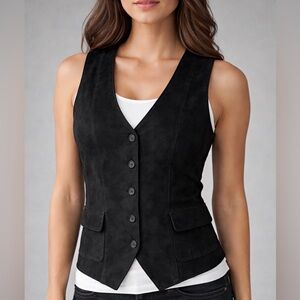 Bushwacker Black Genuine Leather Vest Women’s Medium Made in USA(A224)&✨